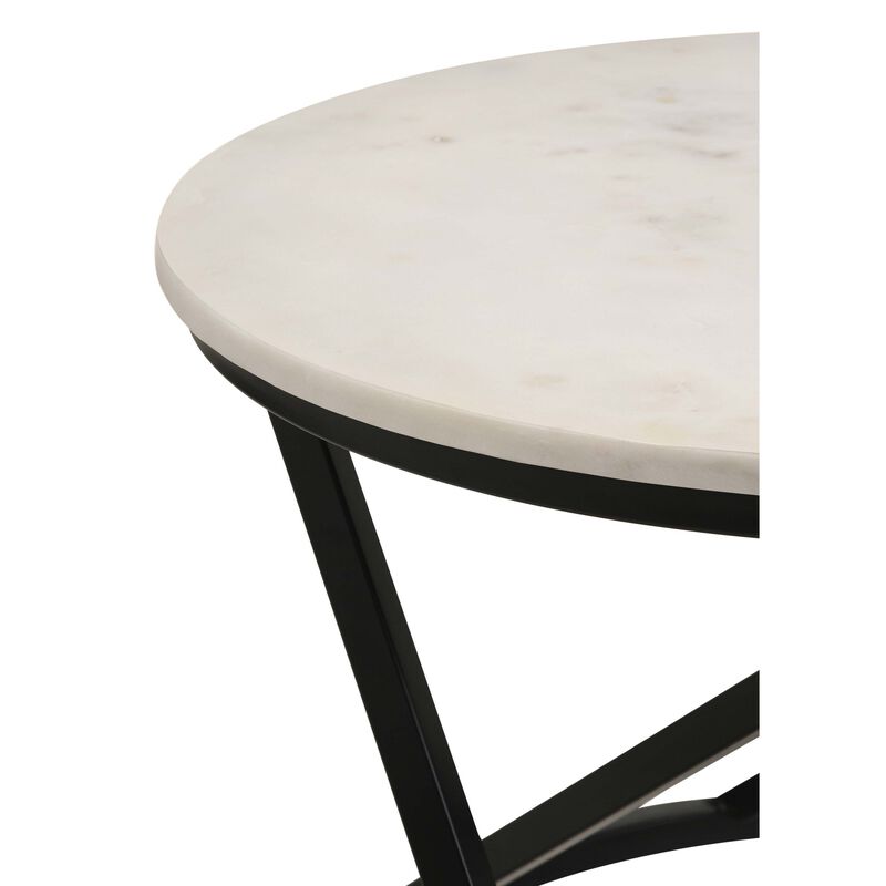 24 Inch Accent Coffee Table, White Marble Top, C Base, Black Metal Finish