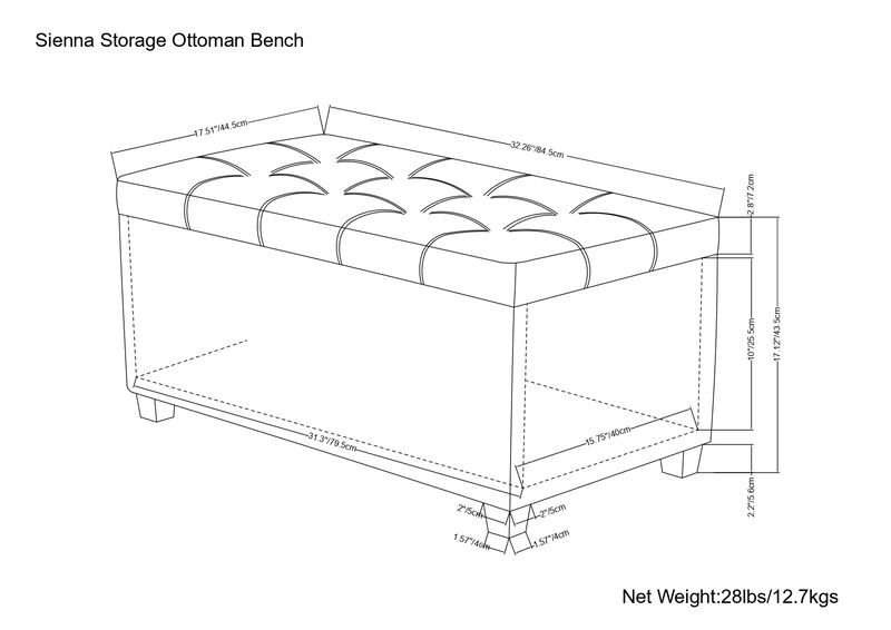 Sienna 33 inch Wide Transitional Rectangle Storage Ottoman Bench in Tanners Brown Vegan Faux Leather, Assembled