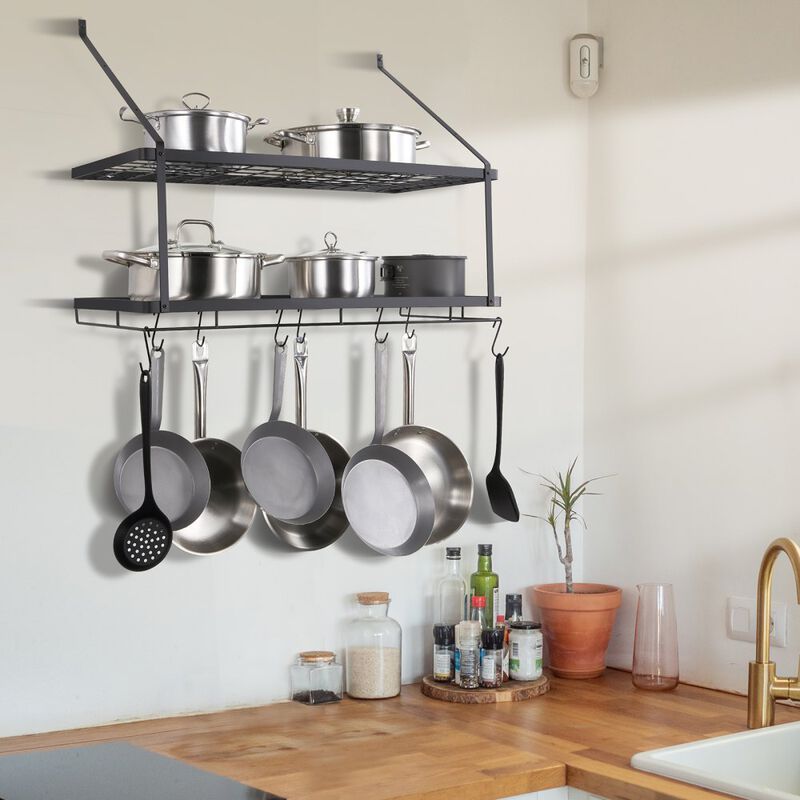 Metal Pot and Pan Hanging Rack with Hooks, Wall Mount Cookware Organizer Shelf image number 1