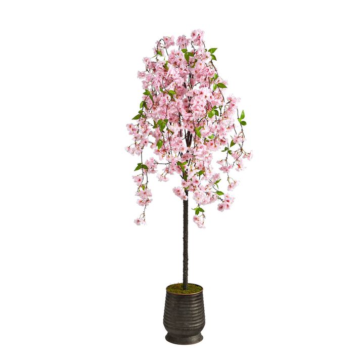 Nearly Natural 6-ft Cherry Blossom Artificial Tree in Ribbed Metal Planter
