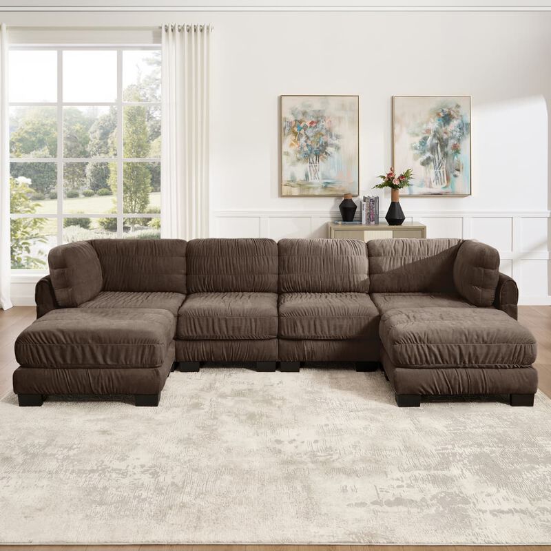 4 seat modular sectional sofa, Chenille L shaped sectional couch with ruched detailing, Modular sectional with 2 movable ottomans image number 1