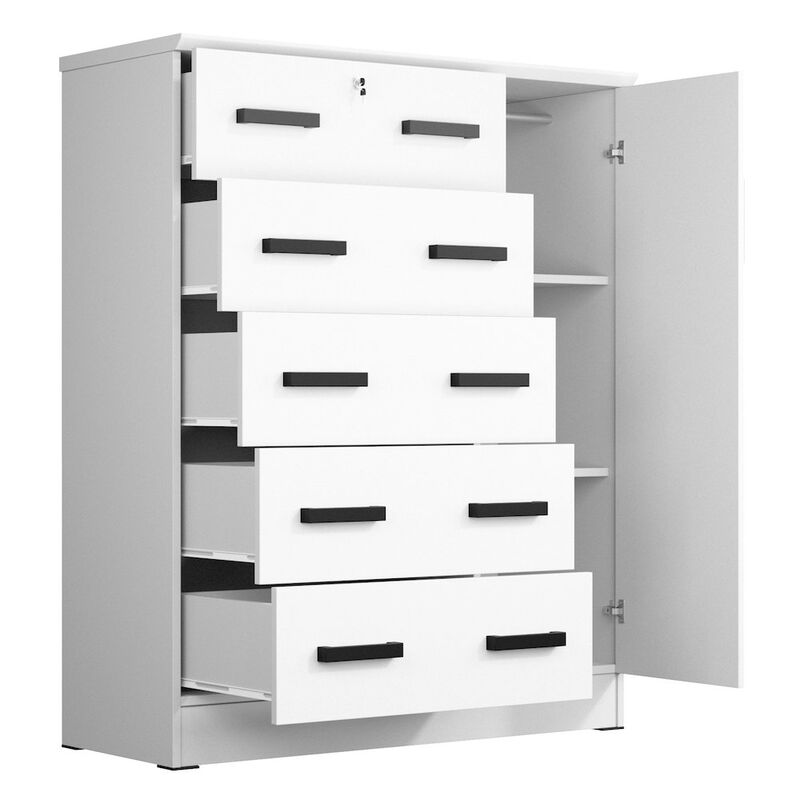 Better Home Products JCF Sofie 5 Drawer Wooden Tall Chest Wardrobe in White