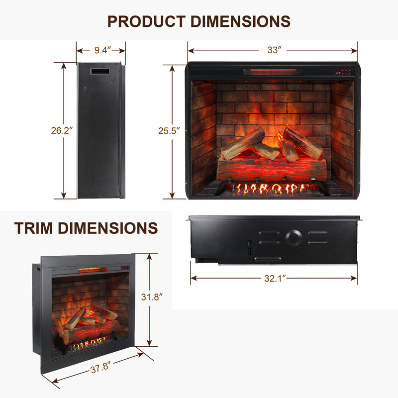 Streamdale 33" Electric Fireplace Insert with Trim Kit, Touch Panel, Sound