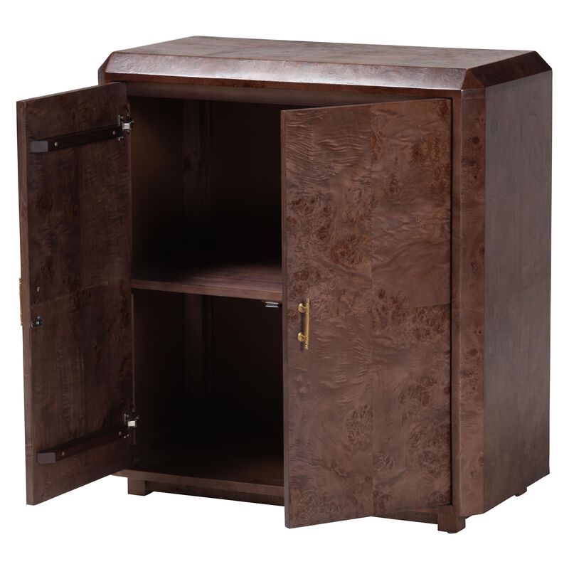 bali & pari Valora Real Burl Wood Storage Cabinet in Dark Walnut Brown - Modern Accent Cupboard with Double Doors and Brass Handles, Elegant Sideboard for Living Room, Entryway or Dining Area