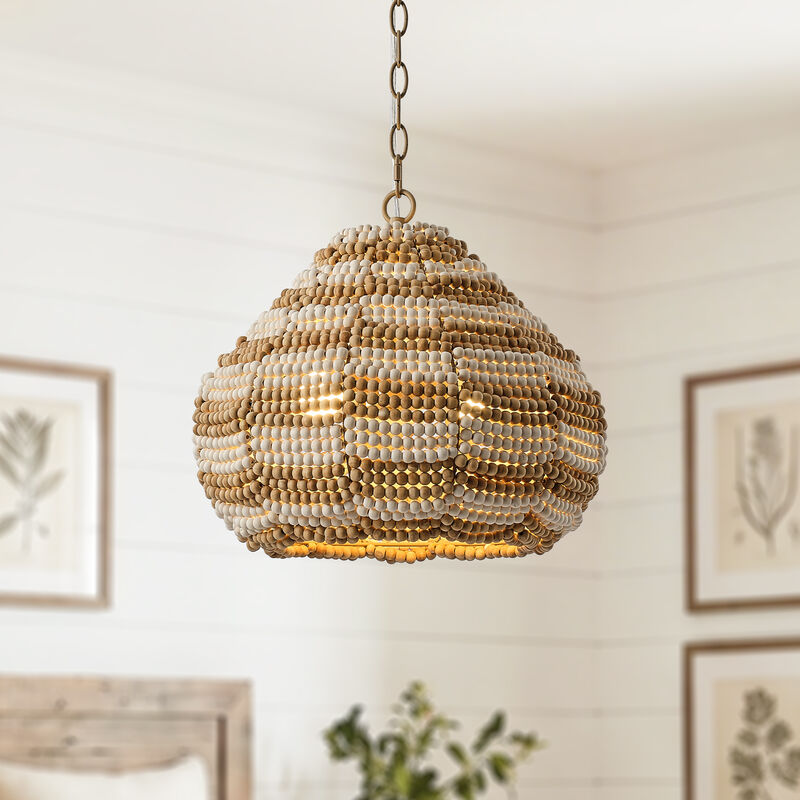 15.7" Bohemian 2-Light Distressed Brown and White Wood Beaded Gourd Chandelier, Pendant Light for Bedroom, Living Room or Dining Room image number 1