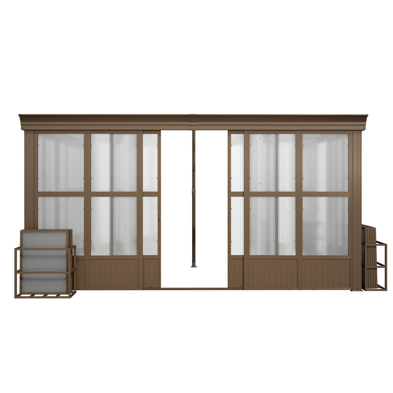 MONDAWE Lean to Sunroom 12x14FT Wall Mounted Solarium with Sloping Roof, Detachable Screens, 2 Lockable Sliding Doors