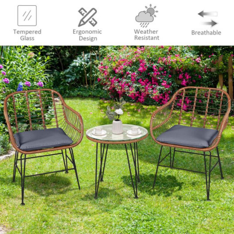 Patio Bistro Set &ndash; 3-Piece Rattan Furniture Set with Cushioned Seats & Coffee Table