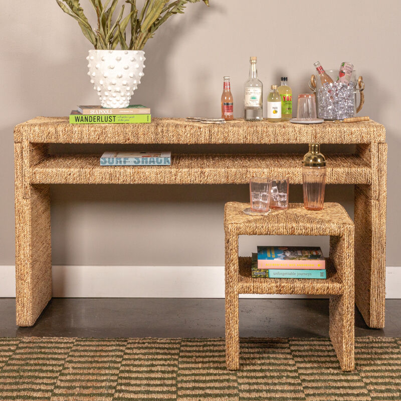 Woven Water Hyacinth & Acacia Wood End Table image number 1