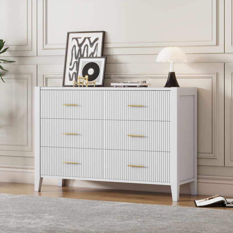 6 Drawer Dresser with Metal Handle for Bedroom, Storage Cabinet with Vertical Stripe Finish Drawer, White(Passed ASTM F Test)