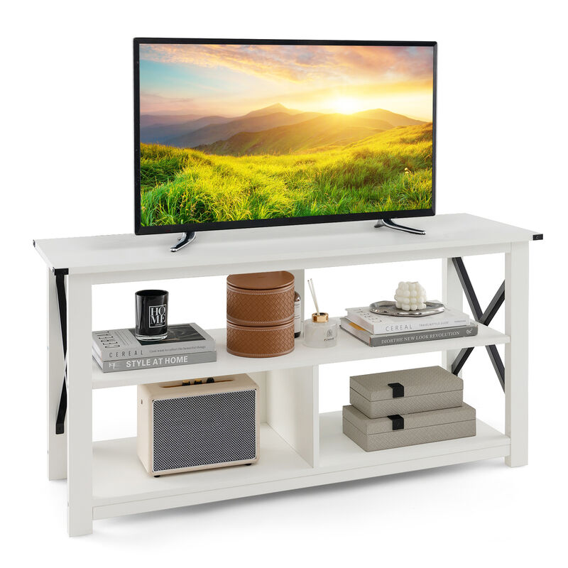 3 Tier Wood TV Stand for 55-Inch with Open Shelves and X-Shaped Frame