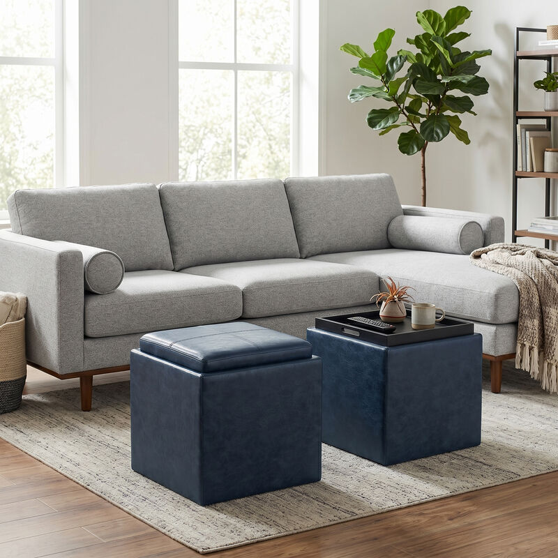 Rockwood 17 inch Wide Contemporary Square Cube Storage Ottoman with Tray in Denim Blue Vegan Faux Leather, Assembled image number 2