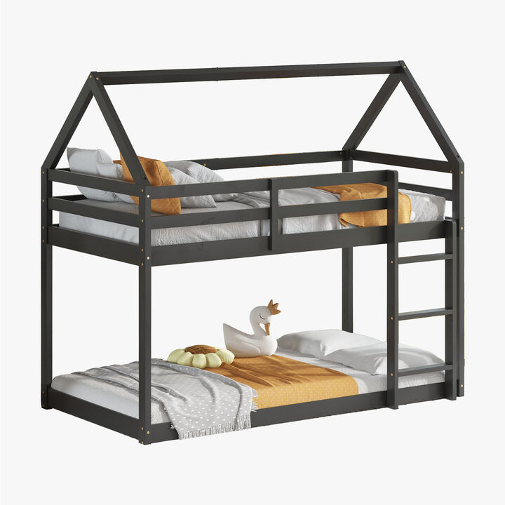 Whisen Twin over Twin Rubber Wood House-Shaped Floor Bunk Bed with ladder and Safety Guardrails