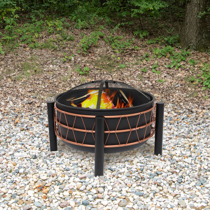 Sunnydaze 24.5 in Steel Fire Pit with Trapezoid Pattern and PVC Cover - Black