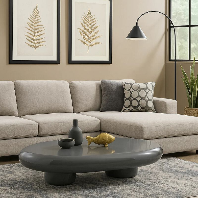 Fory Coffee Table, 46 Inch Oval Top with Low Metal Base, High Gloss Gray image number 6