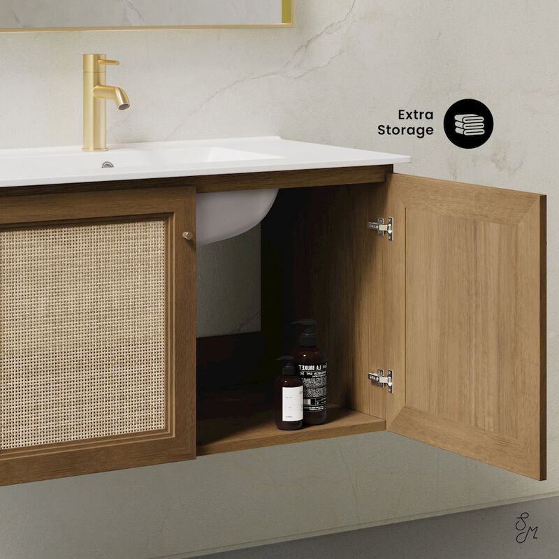 36" Wall-Mounted Bathroom Vanity in Brown Oak with Single Faucet Hole Vanity Top image number 7