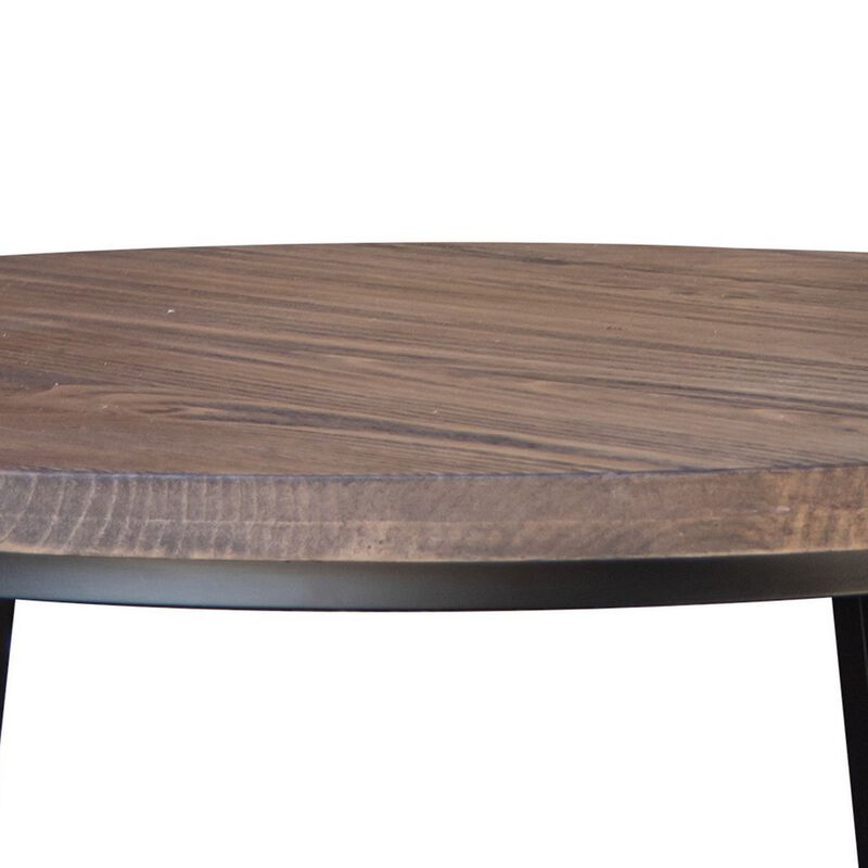Rome 30 Inch Cocktail Coffee Table, Round, Black Iron Base, Brown Pine Wood-Benzara image number 3