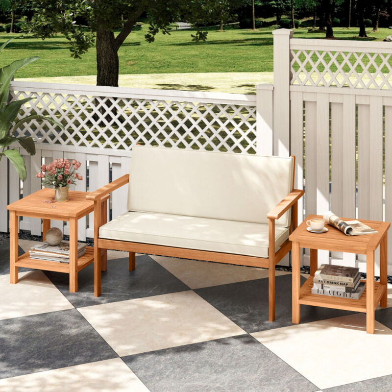 Set of 2 Acacia Wood Patio Side Tables with Slatted Tabletop and Storage Shelf image number 1