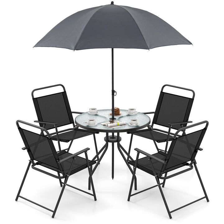 Mondawe 6 Pcs Outdoor Dining Set,4 Folding Chairs & Tempered Glass Table With Adjustable Umbrella