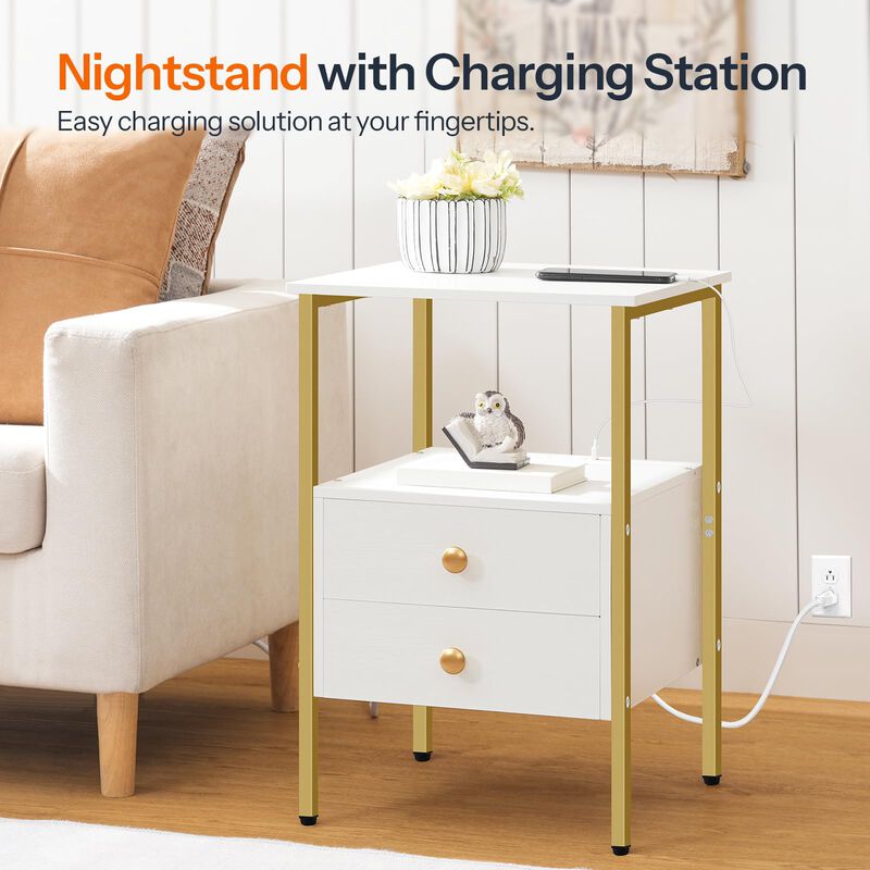 HOOBRO End Table with Charging Station, Bedside Table with 2 Drawer & USB Ports & Power Outlets, Nightstand for Small Spaces, St