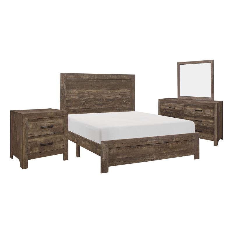 Ko Four Piece California King Size Bedroom Set, Panel Detailings, Black Metal Handles, Rustic Brown - Benzara