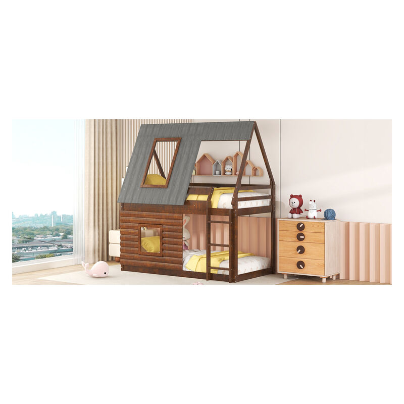Wood Twin Size House Bunk Bed With Roof, Ladder And 2 Windows, Oak & Smoky