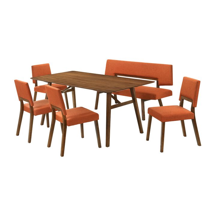 Yumi 6 Piece Dining Table Set, Chairs, Bench, Orange Fabric, Wood Brown - Benzara