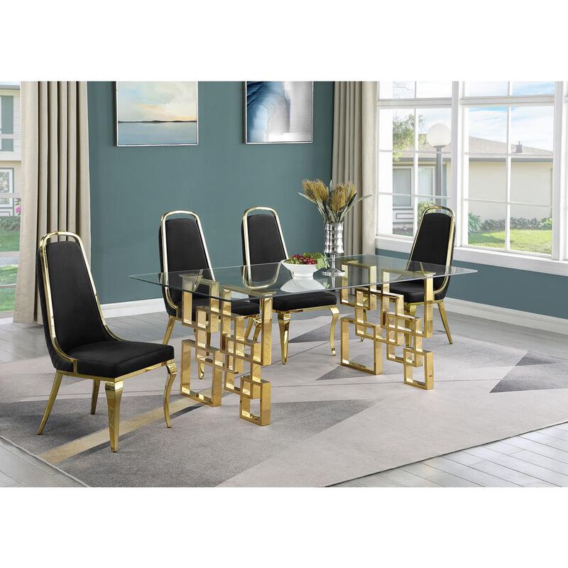 5-piece glam dining set with 4 Black side chairs and one 79" glass dining table