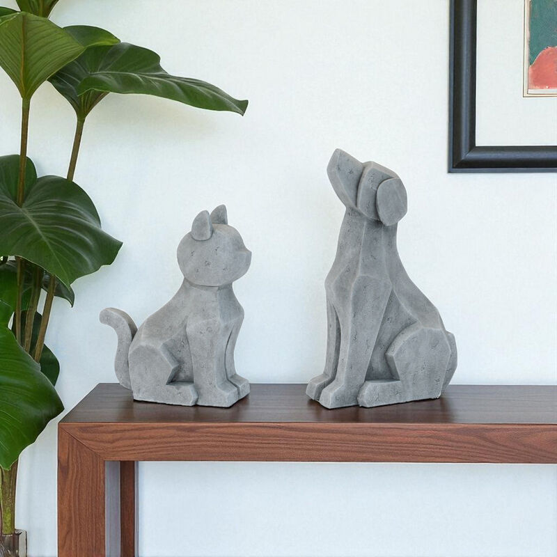 HomeRoots Set of Two Gray Polyresin Cat And Dog Figurines image number 1