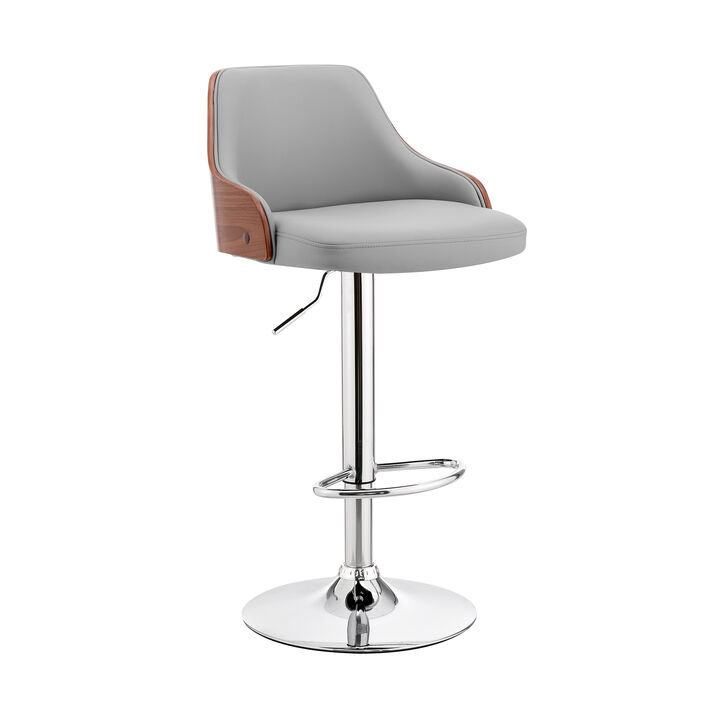 Faux Leather and Metal Adjustable Bar Stool, Gray and Silver-Benzara