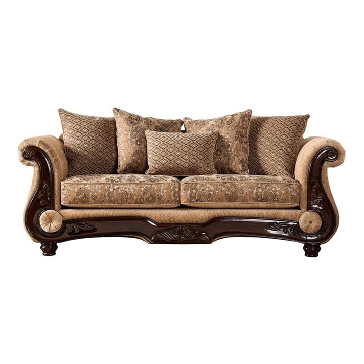 Nican 2pc Sofa Loveseat Set, Tan Gold Faux Leather, 8 Accent Pillows - Benzara