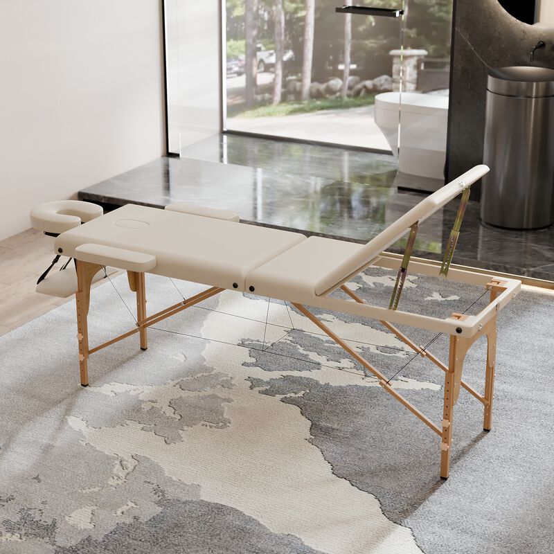FUFU&GAGA Portable Folding Massage Bed with Solid Wood Legs & Metal Frame, Beige PVC Leather Top (Open: 84.2 in. W x 21.2 in. D x 26.7 in. H / Folded: 36.2 in. W x 7 in. D x 21.2 in. H), Beige