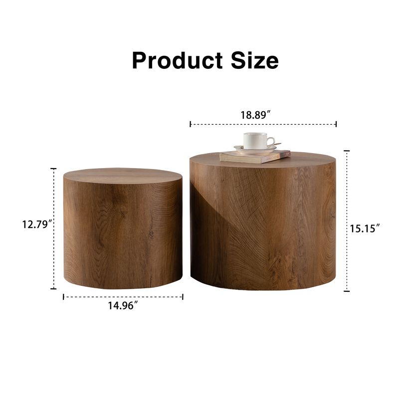 Modern Round Drum Nesting Coffee Table Set of 2, Wooden Cylinder Coffee Tables for Living Room, Space-Saving Design image number 6