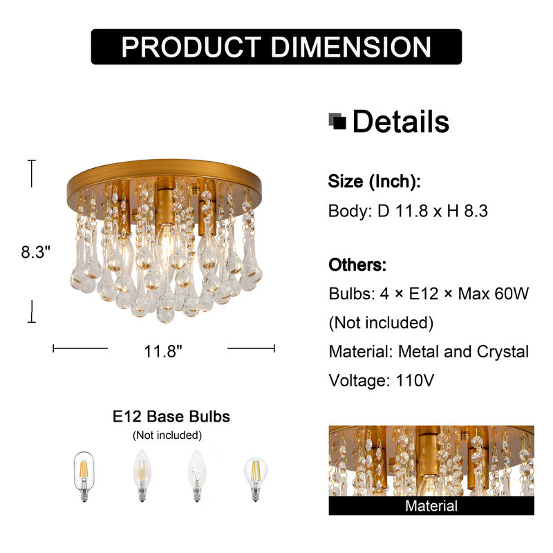 Jojospring 11.8" Claudia 4-Light Flush Mount with Clear Crystal Drops - Medium-gloss Brushed Brass image number 5