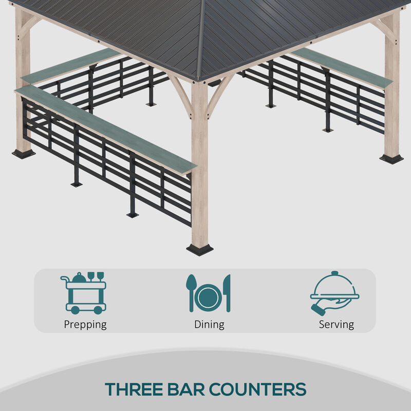 Outsunny 11' x 11' Hardtop Gazebo with Metal & Acrylic Combined Roof, Wood Frame, Permanent Pavilion Grill Gazebo with Bar Counters, Ceiling Hook, for Patio, Garden, Backyard, Deck, Lawn