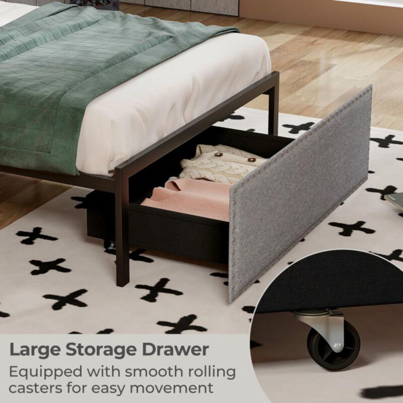 Hivvago Bed Frame with LED Lights Drawer and Metal Slats