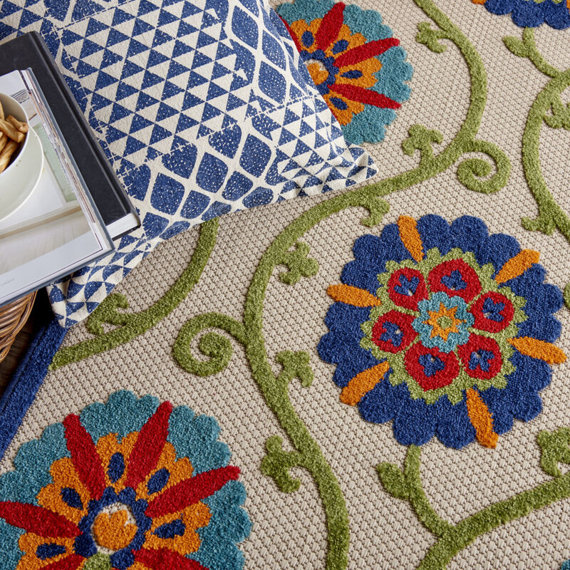 HomeRoots 6' X 9' Navy Blue Beige Green Blue And Red Floral Indoor Outdoor Area Rug image number 5
