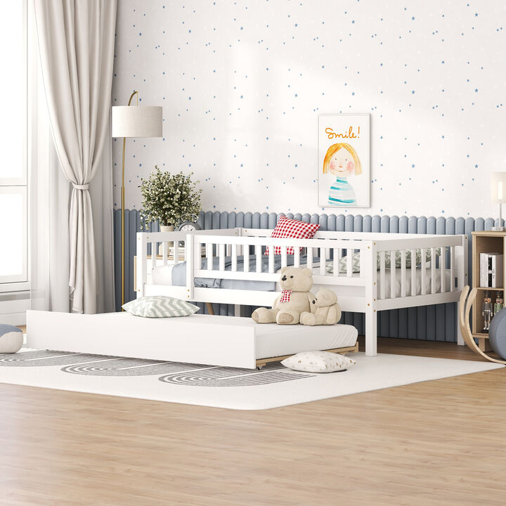 Whisen Twin Size Wood Daybed with Trundle & Guardrails, Solid Wood & MDF Low Profile Bed for Kids Bedroom