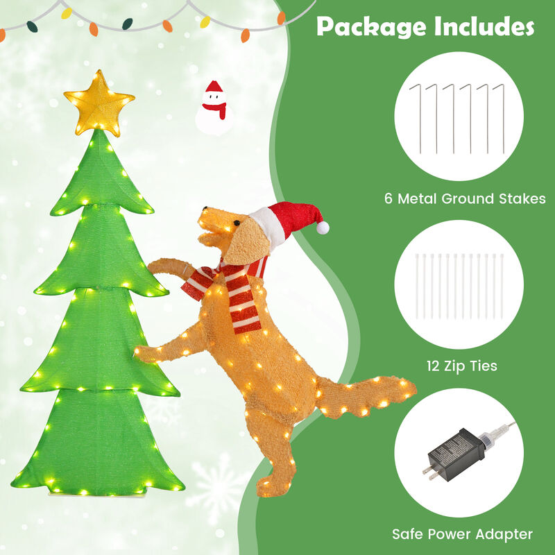 4FT Lighted Tinsel Xmas Tree with Plush Goldendoodle Dog