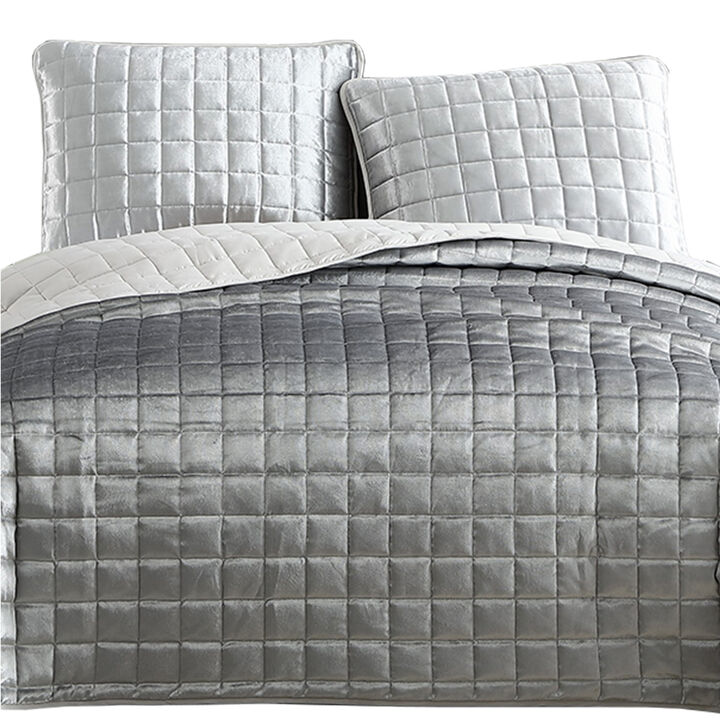 3 Piece Queen Size Coverlet Set with Stitched Square Pattern, Silver - Benzara
