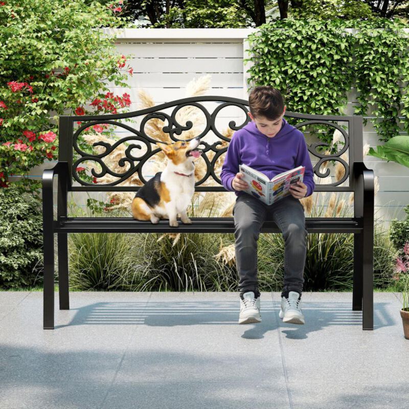 Hivvago 50 Inches Outdoor Cast Iron Metal Patio Bench with Floral Design Backrest and Slatted Seat