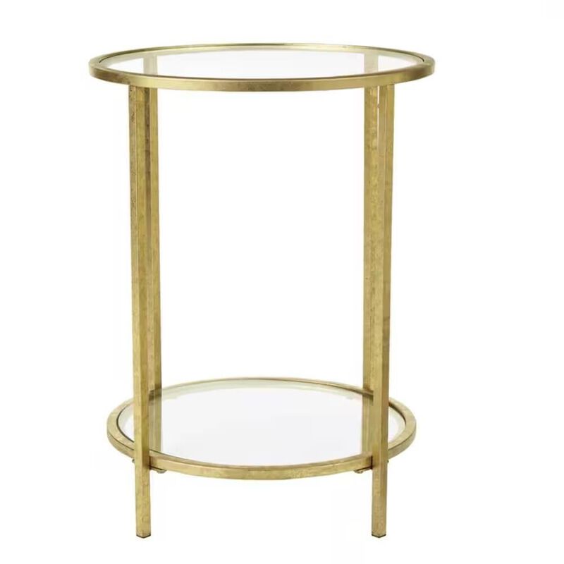 Hivvago Round Accent Side Table Gold Metal Glass Top Bottom Shelf End Table
