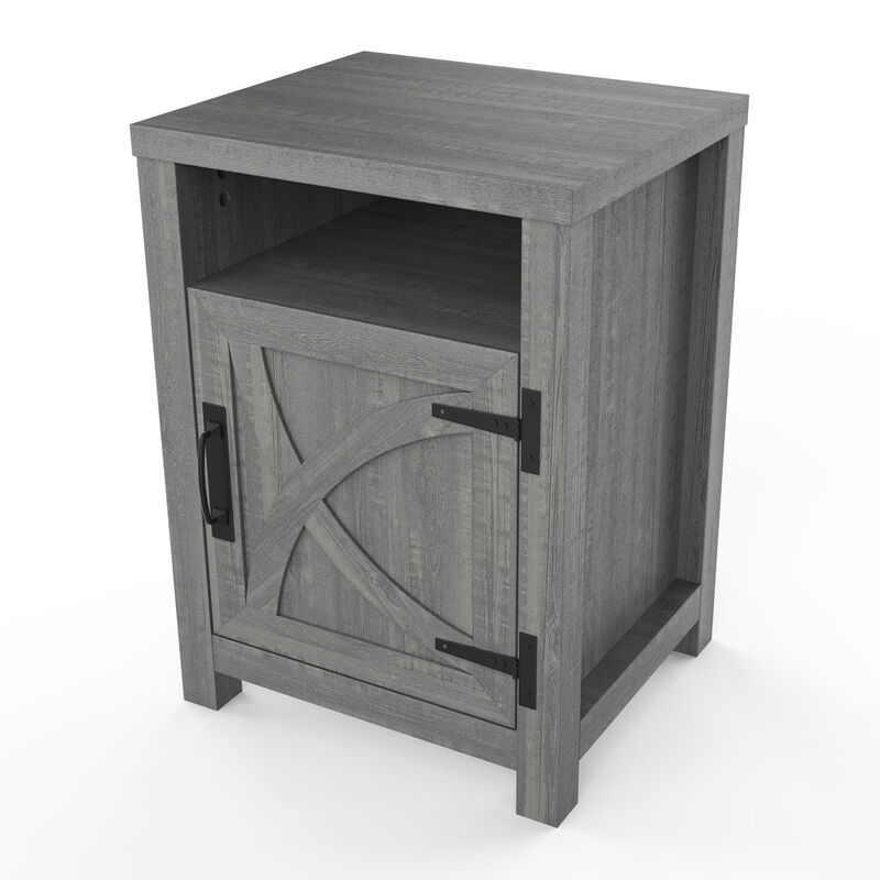Farmhouse Barn Door Nightstand End Table with Adjustable Shelves