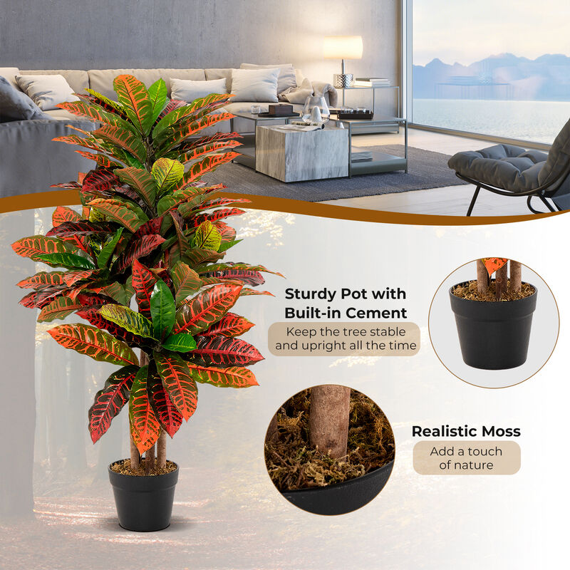 Artificial Croton Plant 40" Tall Fake Croton Palm Tree with Colorful Variegated Leaves and Pot