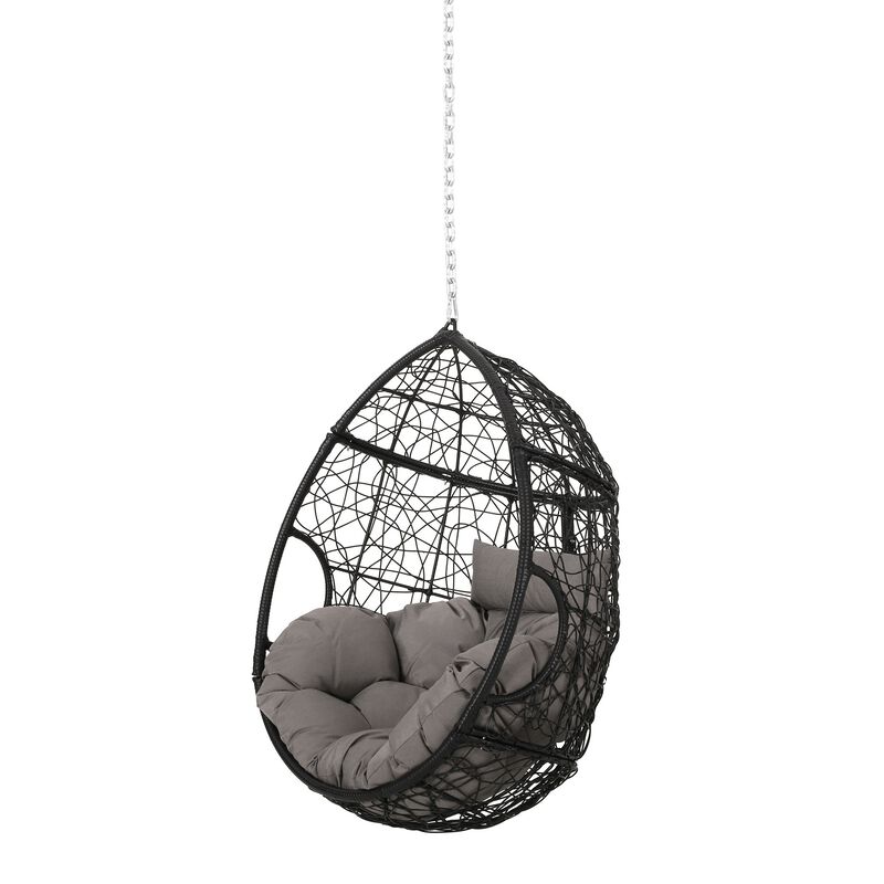 Castic Outdoor Hanging Chair, 46 Inch Rattan Frame, Black Iron, Gray - Benzara