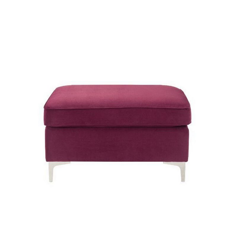 Ottoman with Velvet Upholstery and Metal Legs, Red-Benzara image number 2