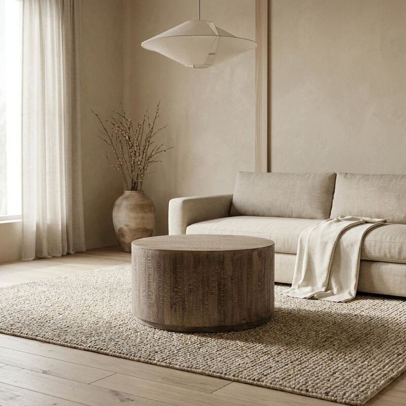 Starlight Canyon Home Mango Wood Round Coffee Table with Drum Base for Living Room image number 3