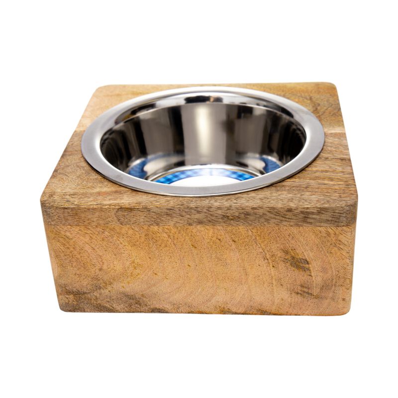 Country Living Elegant Stainless Steel Dog Bowl with Square Mango Wood Holder, Perfect for Modern Pet Homes – 1 qt