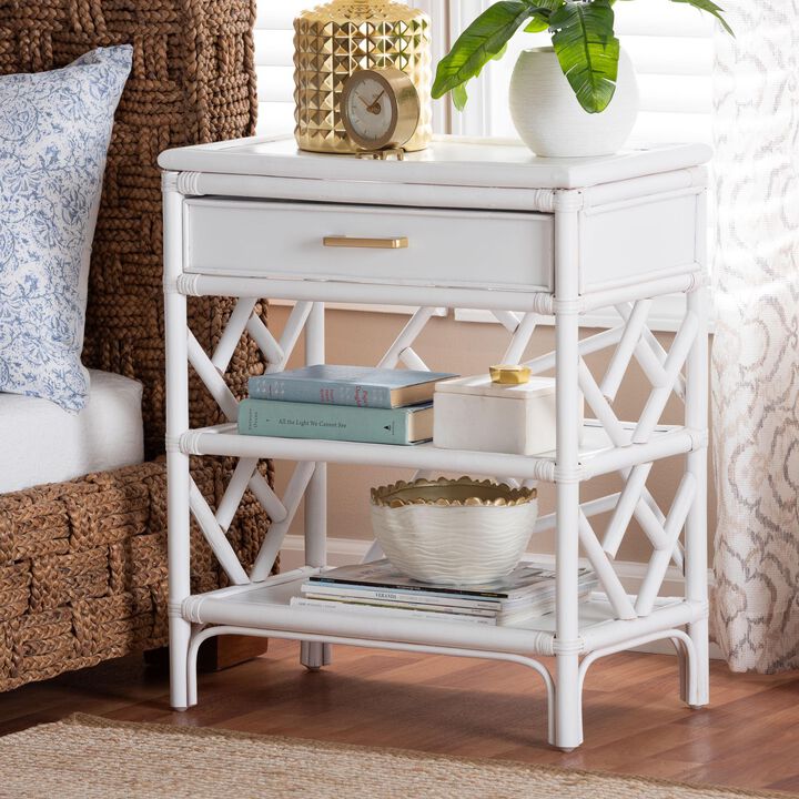 bali & pari Daina Natural Rattan Nightstand with Drawer and Open Shelves– Coastal Bedside Table with Geometric Design, White