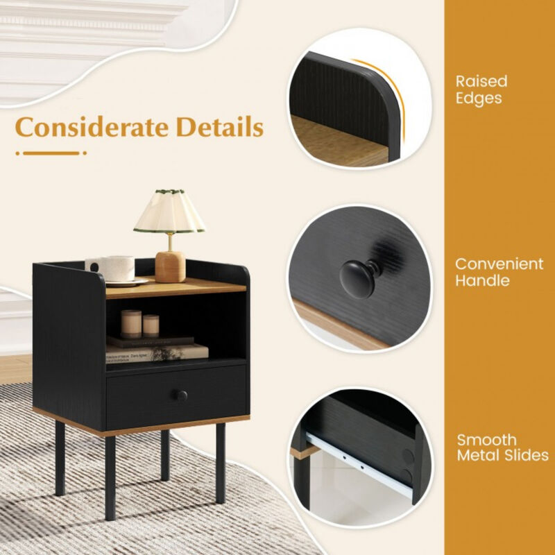 Set of 2 Bedside Nightstand with Storage Drawer and Open Shelf for Bedroom-Black image number 5
