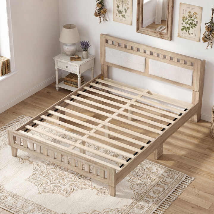 Modern Wood Bed Frame with Upholstered Headboard for Home Bedroom-Natural